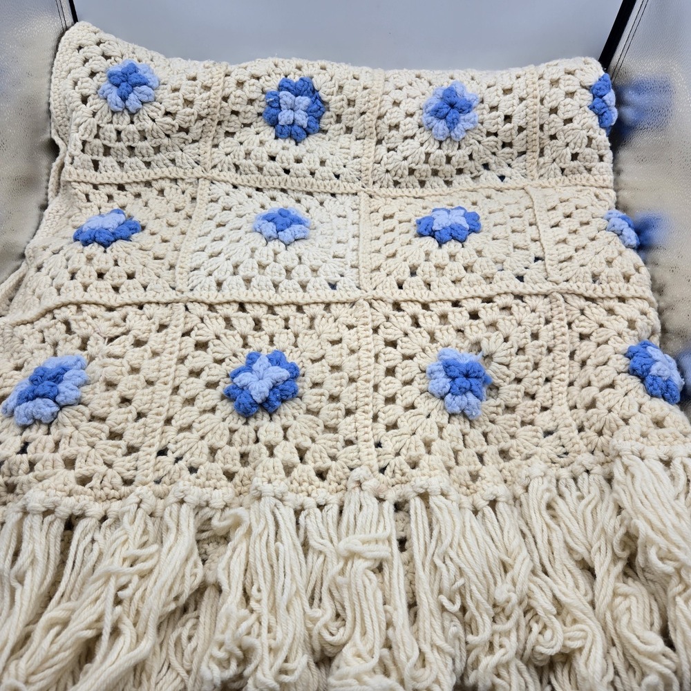 Vtg Handmade Crochet Throw 3D Flower Granny Square Blanket 82x47" Cream Blue